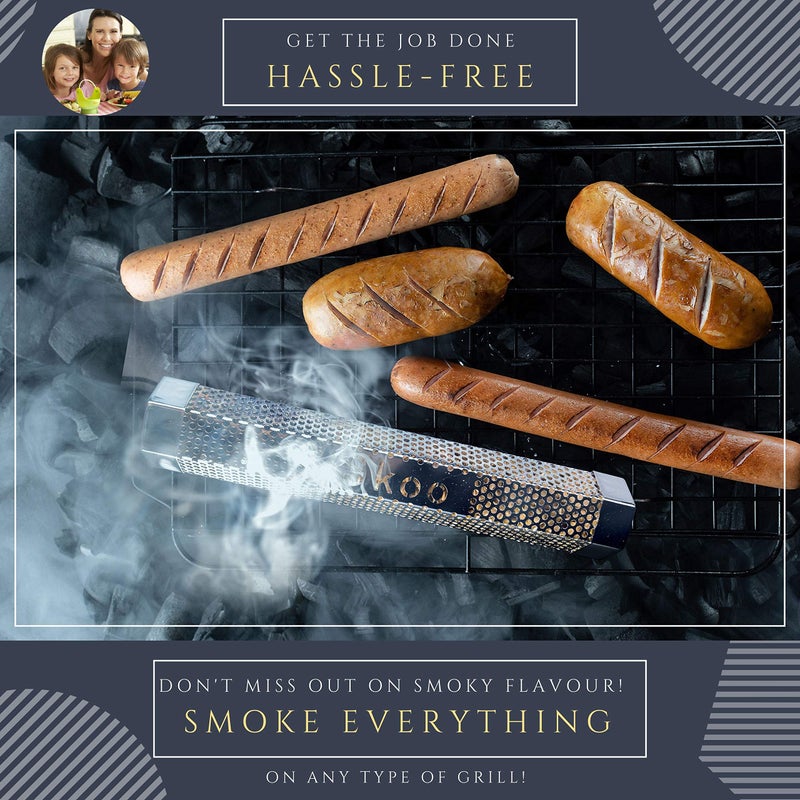 Skoo Pellet Smoker - BBQ Hexagonal Smoking Tube + Brush + Hook + Free EBook + Digital User Guide - 5 Hours of Billowing Smoke - For Electric, Gas, Charcoal Grills or Smokers - Image 5